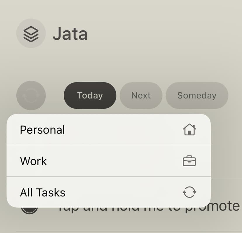 Jata context switching interface showing Personal, Work, and All Tasks options